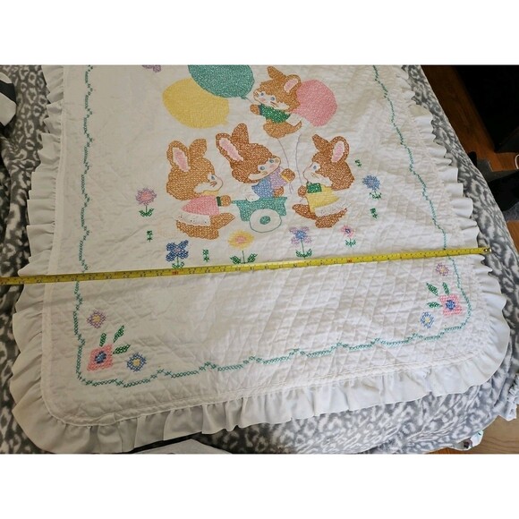 Handmade Baby Blanket Embroidered Cross Stitch Bunnies Ruffled Edge 42" X 33" - Picture 3 of 15